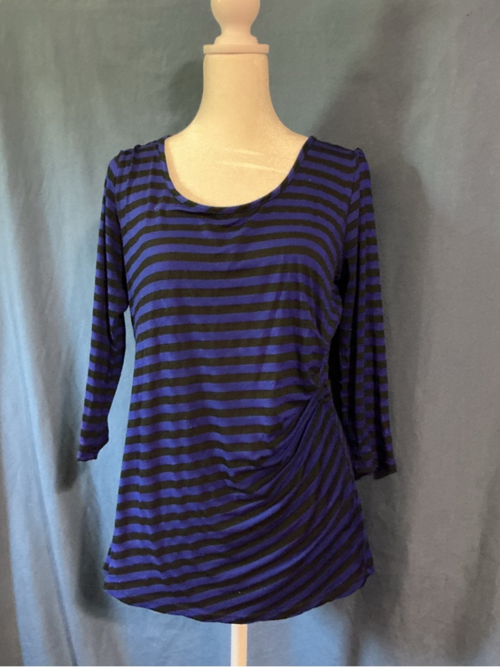 Green Envelope Blue and Black Striped Long Sleeve Scoop Neck Top